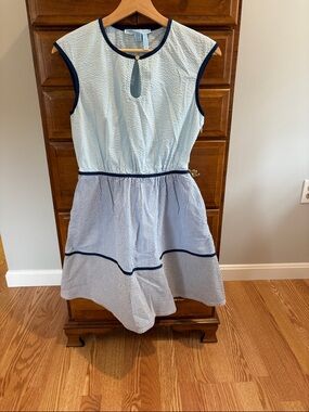 Draper James Light Blue Seersucker Dress with Navy Trim